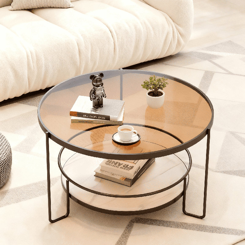 Table basse ronde avec tablettes de rangement à 2 niveaux