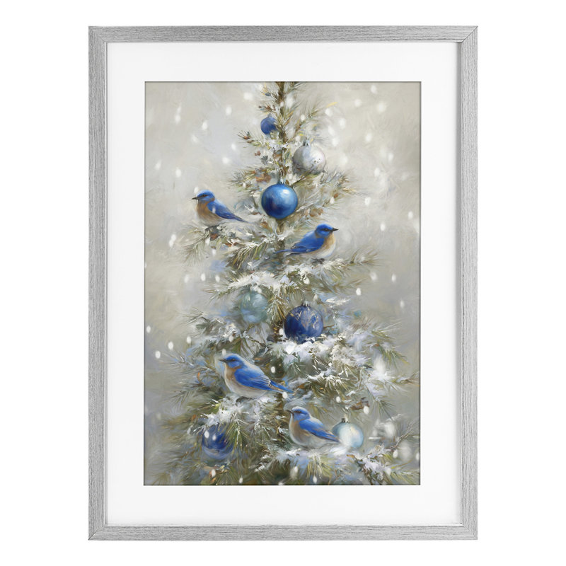 «Blue Bird Christmas Tree», reproduction sous verre encadrée par Tina LeCour, H 20 po x l 14 po, Cadre de ferme gris