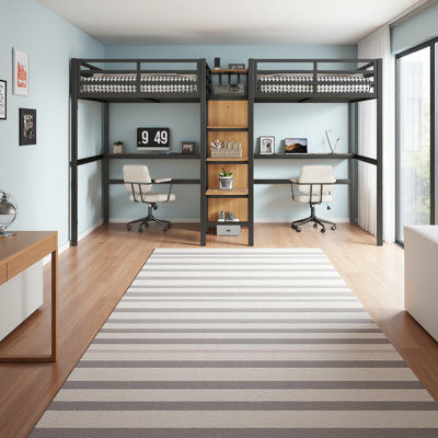Twin Over Twin Metal Loft Bed With Double Desk And Wardrobe And Shelves With Electrical Outlet For Space Saving And Noise Reduction