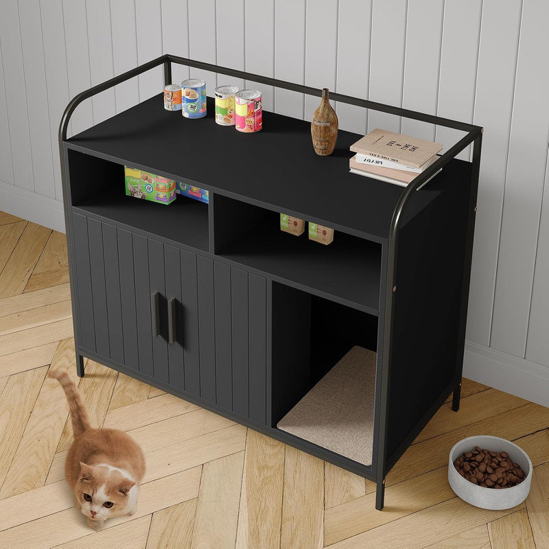 37 Inch Modern Wooden Litter Box with Storage Rack, Multi-Functional Furniture-Style Litter Cabinet with Ventilation Hole/Side Entry, Fits Most Litter Boxes
