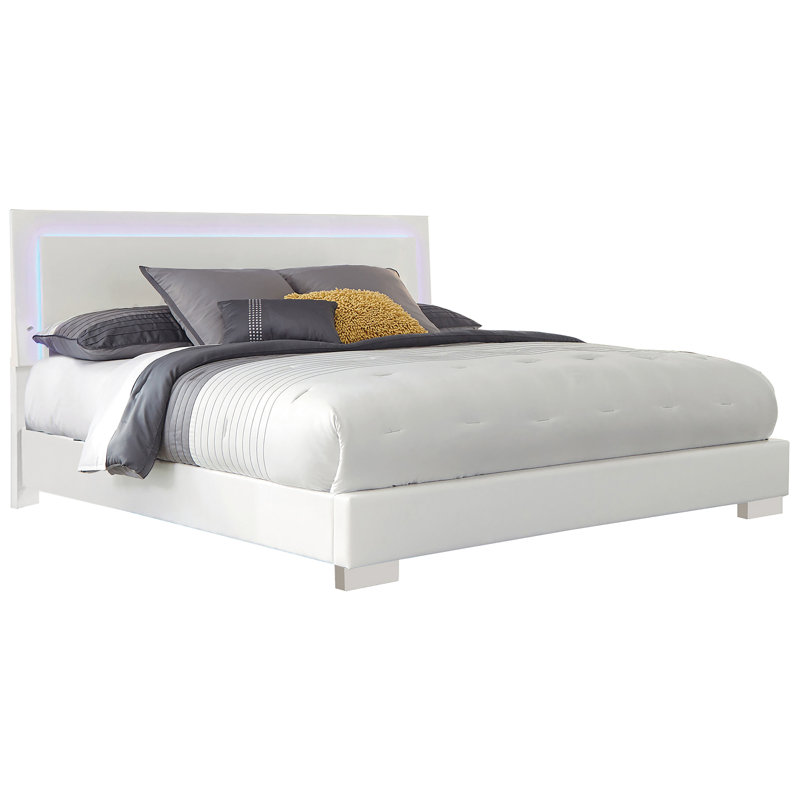 Très grand lit avec finition blanc brillant, design à DEL moderne, interrupteur tactile, similicuir, hauteur de 48,5 po, largeur de 75,5 po, longueur de 91,5 po, cadre sophistiqué pour chambre à coucher, charme lisse