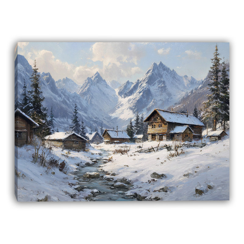 «Rustic Cabins in Snowy Valley», art mural sur toile tendue, H 16 po x l 24 po