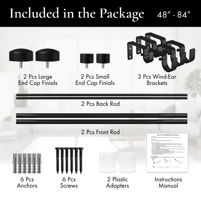 Gwinnett Adjustable Double Curtain Rod, 48" - 84", Black