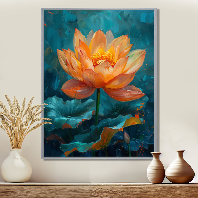 «Vibrant Orange and Blue Lotus Bloom I», art mural Lotus, Encadrement argenté, H 16 po x l 32 po