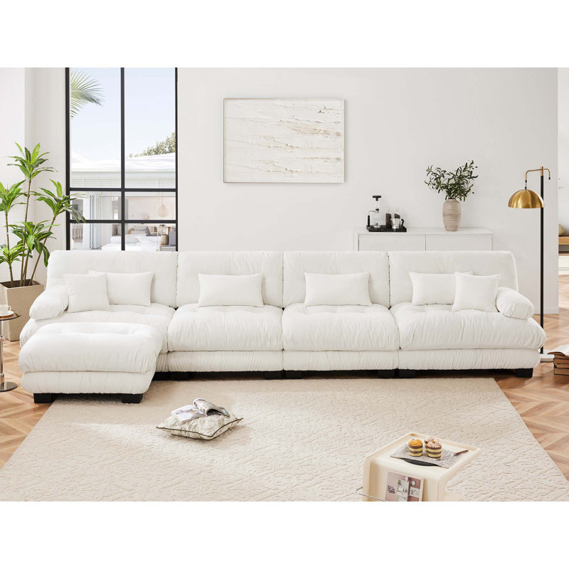 Canapé modulaire Rudy Boneless, Chenille blanche, H 35,4 po x l 133,8 po x P 36 po