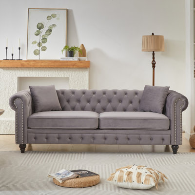Canapé Chesterfield en velours avec accoudoirs roulés à 3 places avec boutons et 2 coussins pour le bureau, le salon et le salon W1926S00063