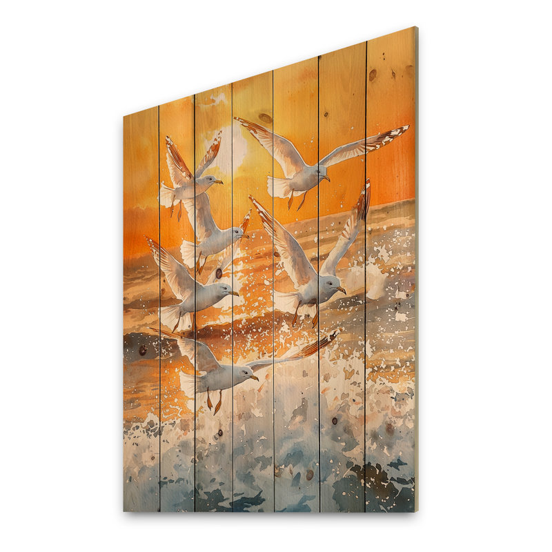 Mouettes au lever du soleil II - Décoration murale en bois d'oiseau - sur bois de pin naturel, H 44 po x l 34 po x P 0,78 po