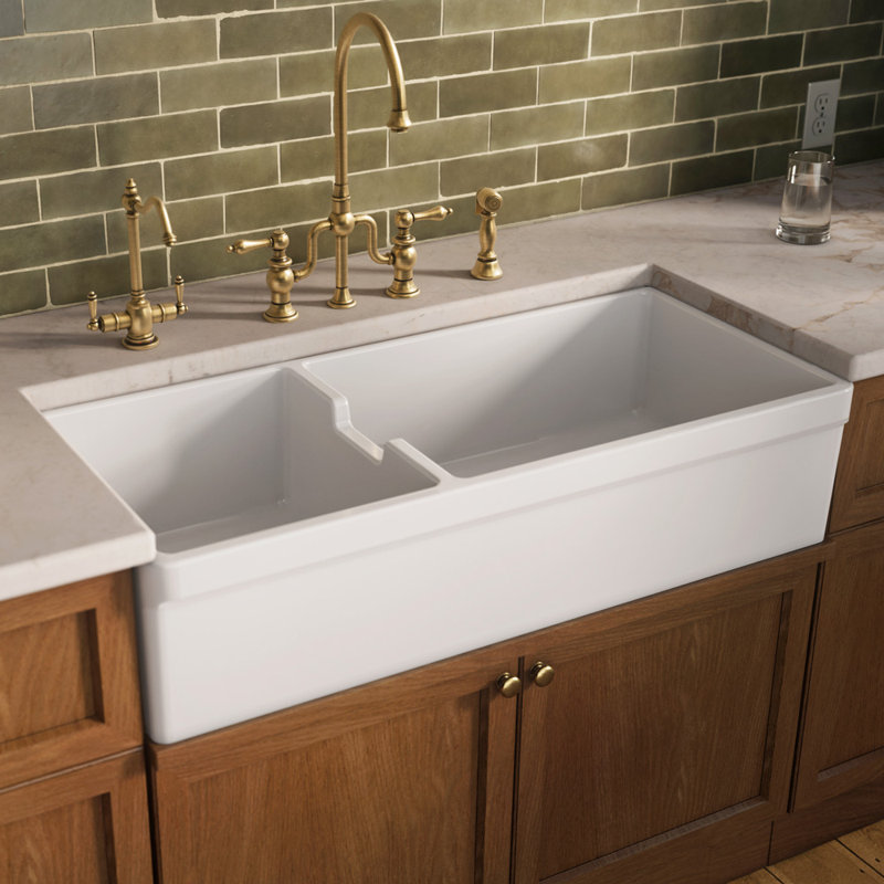 Glencove Fireclay 42" x 20" Double Bowl Reversible Sink with Beveled Front Apron and a Decorative Lip on the Opposite Side