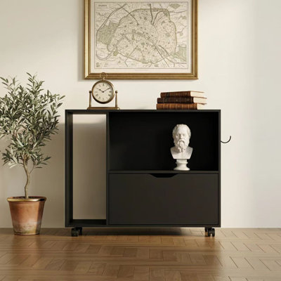 31.5" Wide Black Double File Cabinet - With Side Drawers, Hooks & Spinner Wheels