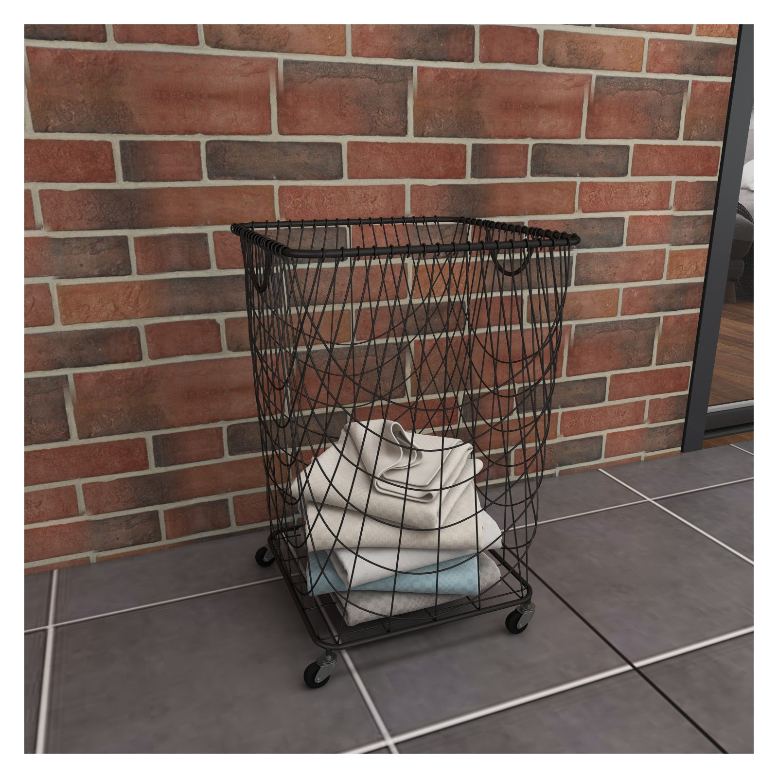 Metal Deep Set Metal Mesh Laundry Basket Storage Cart with Wheels and Handles, Black, Small ( 24" H x 16" W x 16" D)