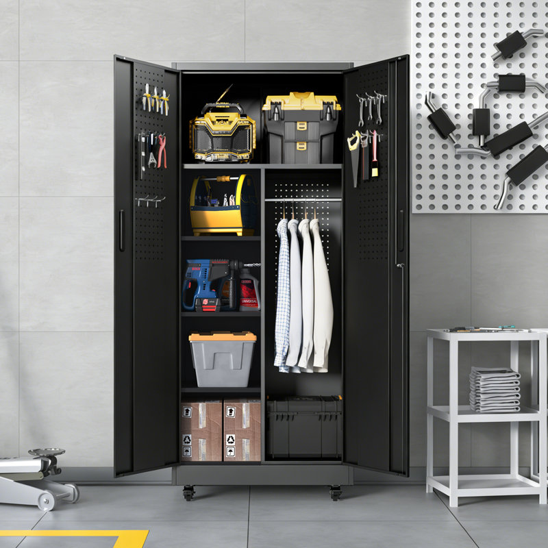 Makeace 71" H x 31.5" W x 15.7" D Black Metal Storage Cabinet with Hanging Rod, Lockable Rolling Tool Cabinet with 3 Adjustable Shelves, Pegboard Doors & 8 Hooks