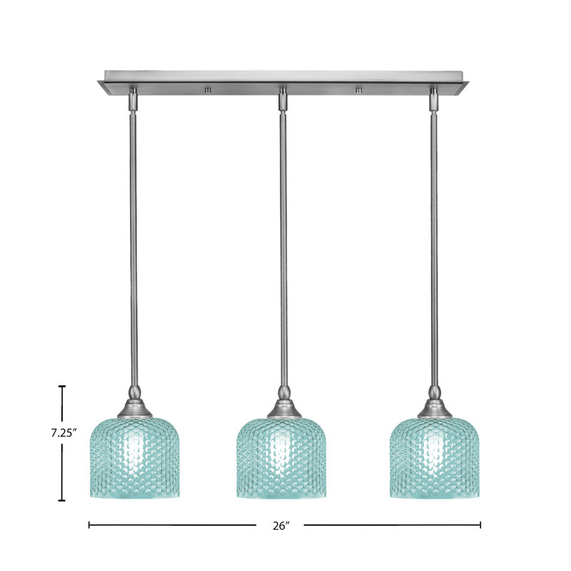 Luminaire suspendu linéaire à 3 lumières avec verre texturé turquoise de 6 po, Nickel brossé, H 7,25 po x l 26 po x P 6 po