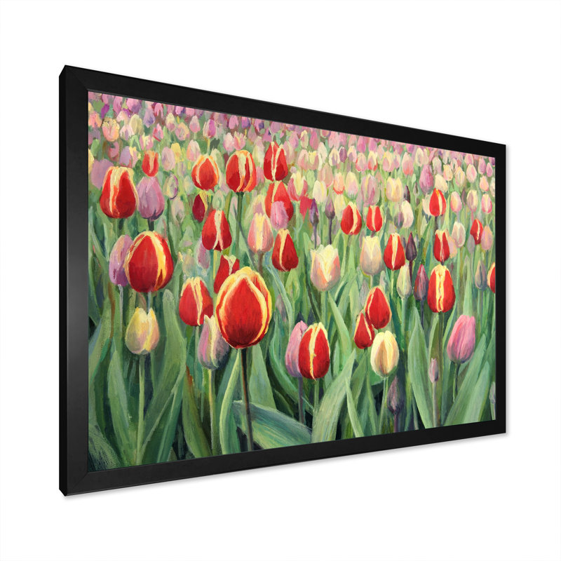 Tulipes, champ de fleurs, reproduction sur toile, Cadre d'angle fermé noir, H 8 po x l 12 po x P 1 po