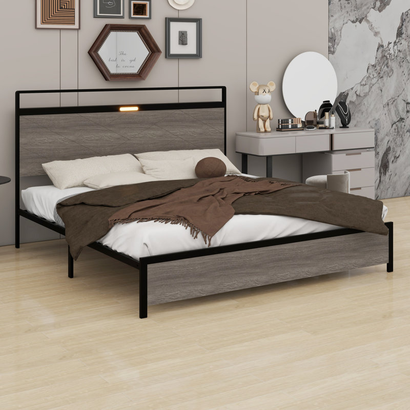Base de lit plateforme avec tête de lit à DEL avec rangement et 2 USB, grand rangement sous le lit