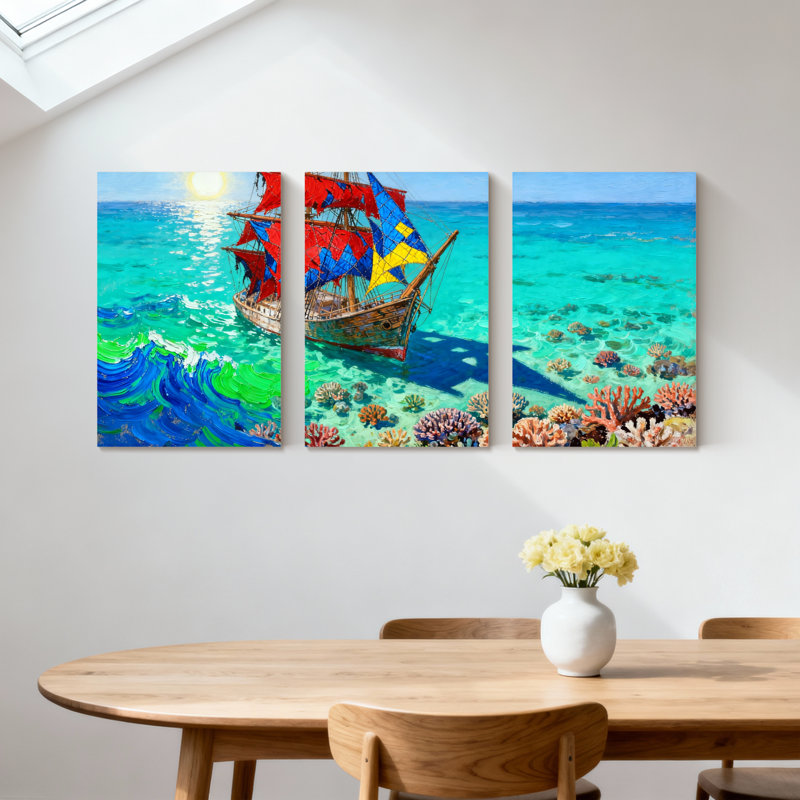 Ensemble de 3 impressions sur toile, "Nautical Colorful Ship Sails Over Coral Reef Ocean", H 36 po x l 72 po