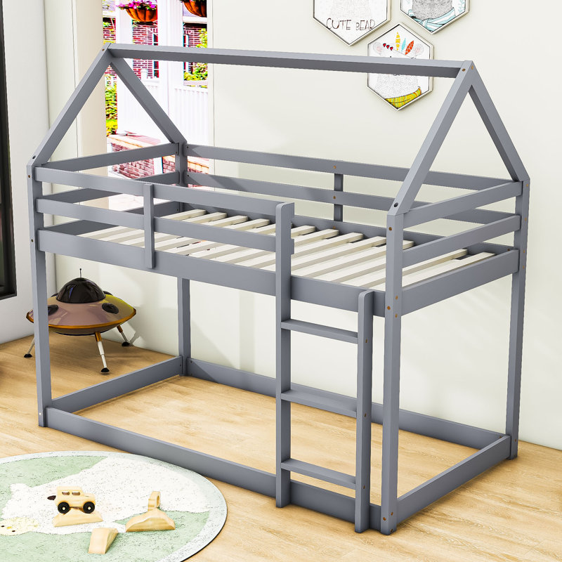 Dealba Twin Over Twin Wooden House-Shaped Bunk Bed With Ladder And Guardrails, Gray