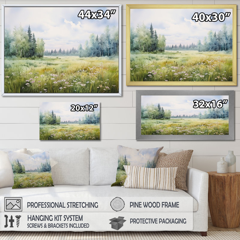 Meadow Scenery Minimalisme V - Art mural prairie, H 24 po x l 32 po x P 1 po, Cadre flottant noir