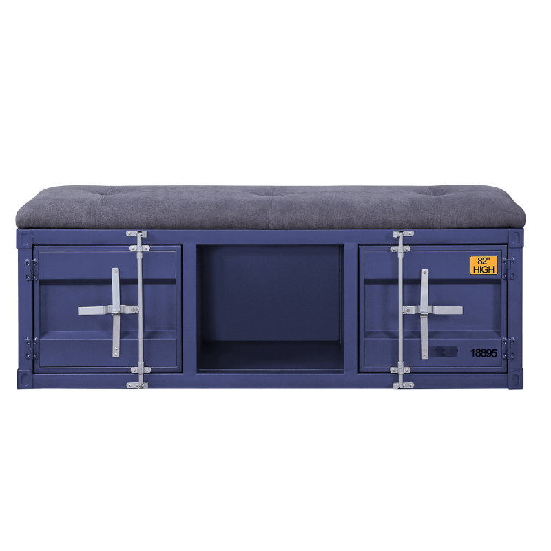 Banc de rangement de style industriel gris et bleu avec amplement d'espace pour la fabrication d'articles de chambre à coucher