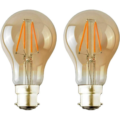 Pack 2, LED Filament A60 Bayonet Light Bulb, 4W (40W Equivalent) Non-Dimmbale 2700K Warm White 450Lm Energy Saving Vintage style Clear Glass BC B22 Cap Bulb for Home Lighting Applications - 230V