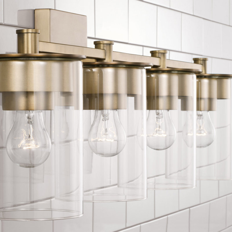 Aged Brass and Clear Glass 4-Light Dimmable Vanity Fixture