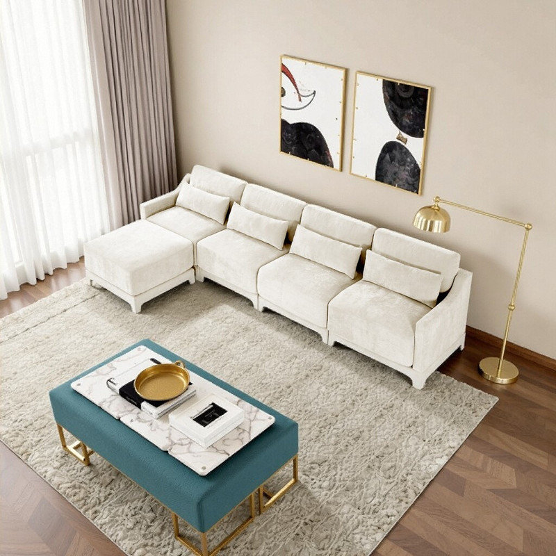 Canapé modulaire en chenille 4 places avec repose-pieds mobile, conception ergonomique à haute résilience, Blanc