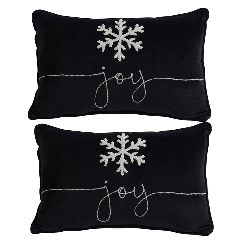 Ensemble de 2 coussins en velours noir de 18 po x 12 po avec joie brodée et flocon de neige givré, pour Noël