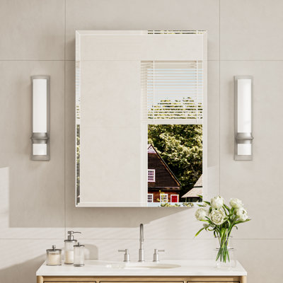 Recessed or Surface Mount Aluminum Beveled Frameless Medicine Cabinet With Mirrored Door and Adjustable Shelves