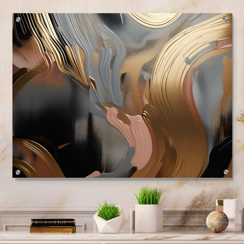 Or et rose, tourbillons vibrants IV - art mural abstrait en marbre acrylique pour le salon, H 12 po x l 20 po