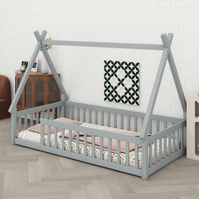 Playful Tent Design Floor Bed With Guardrails And Sturdy Slats, Gray
