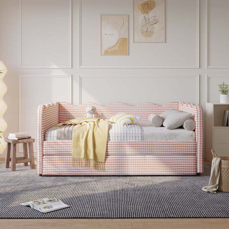 Linen Upholstered Gingham Daybed With Trundle, Usb Charging Port & Wave-shaped Design, No Box Spring Needed, Pink