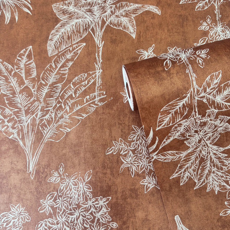 Zen Floral Paper Metallic Wallpaper Roll, Brown/Orange