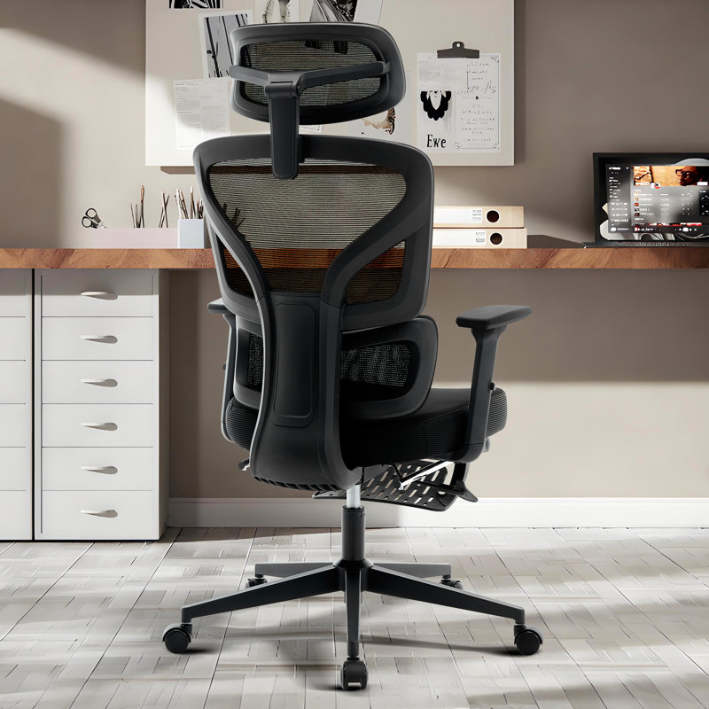 High Back Ergonomic Office Chair with Retractable Footrest, Breathable Mesh, Adjustable Lumbar Support, 3D Armrests & Headrest, 130° Tilt, Black legs & Black Seat