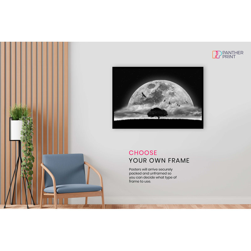 Birds Flying Over Dark Night Moon Artistic - No Frame Print, 61cm H x 91cm W