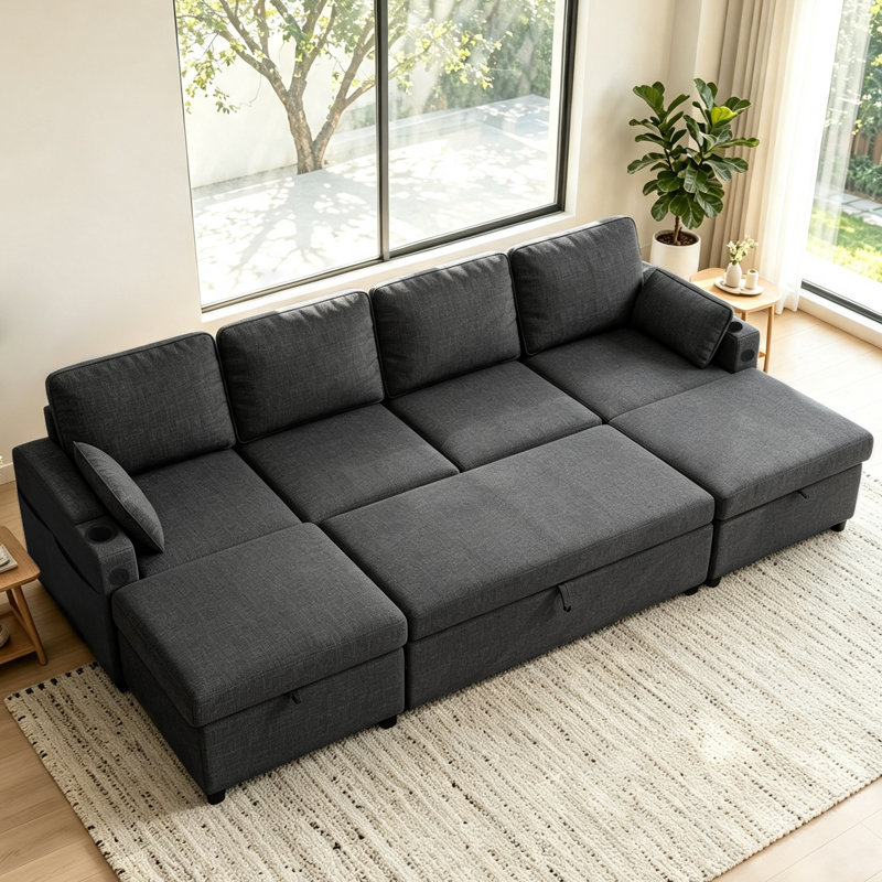 U-shape 2 In 1 Sleeper Sofa Pull-Out Couch With USB Charging, Storage Chaise, Cup Holder For Apartment, Living Room, Gray
