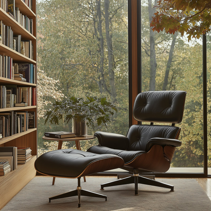 Leather Swivel Lounge Chair With Ottoman, Brownwood-Black