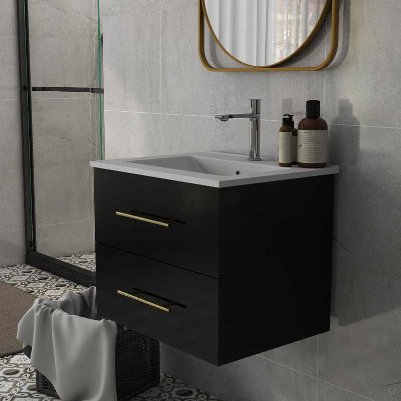 Meuble-lavabo mural de 24 po avec lavabo, double tiroir, lavabo en céramique, noir brillant et accents dorés