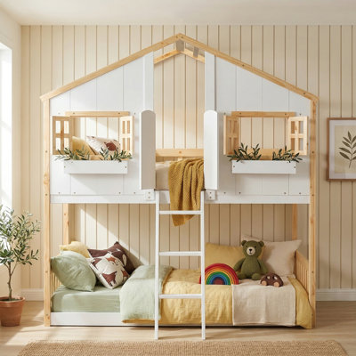 Solid Pine  Wood Twin-Over-Twin Bunk Bed With House-Shaped Frame Guardrails, Space-Saving Loft Bed, Shared Bedroom Furniture