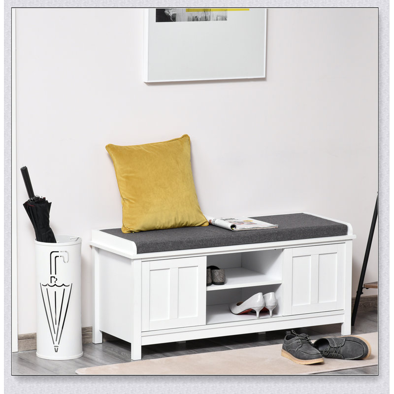 Repose-pieds de rangement pour le hall d'entrée avec portes coulissantes, tablettes réglables, 6 compartiments et siège rembourré, pour 1 paire, blanc