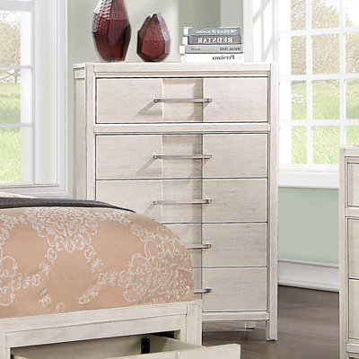 Commode 1 pièce style transitionnel à queue d'aronde anglaise à cinq tiroirs avec poignées courbées et finition blanche