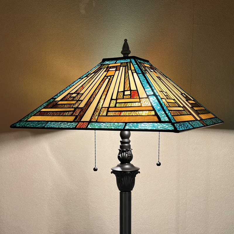 Tiffany Floor Lamp Mission Style Stained Glass Floor Light 16" Double Light Standing Lamp, Green