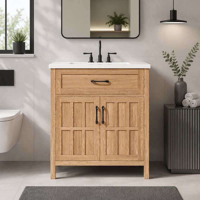 Meuble-lavabo de salle de bain avec lavabo en résine, meuble-lavabo à cadre en bois massif avec tablette réglable, organisateurs de porte d'armoire