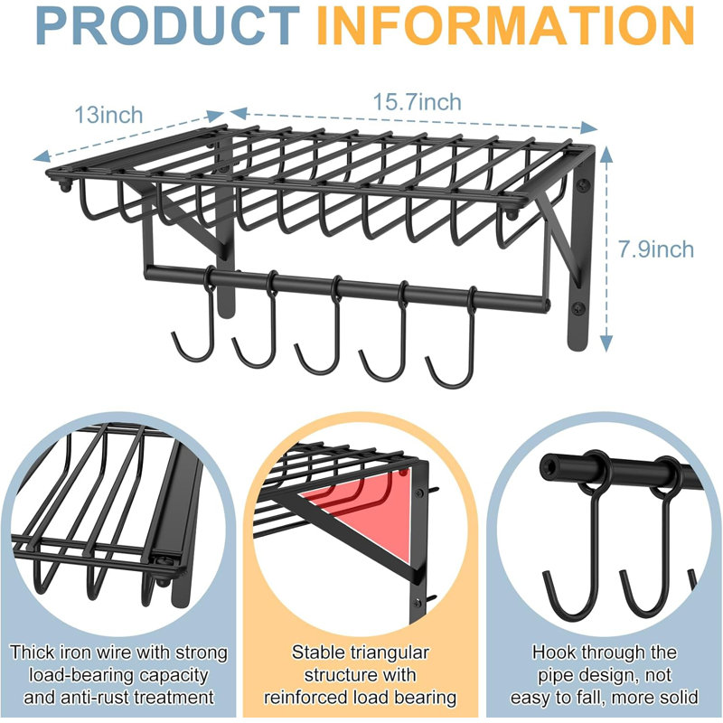Hongtamoy 2 Packs Wall Mounted Pot Lid Rack Organizer, Hanging Pot and Pan Lid Organizer for Kitchen with 10 Upgrade Hooks, Pot Lid Holder for Cookware,Pans,Utensils Organization, Black