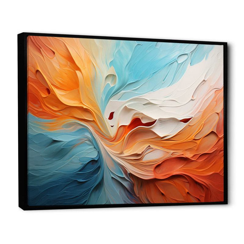 Teal Orange Bold Abstract Flow Collage I - Dams, art mural, Cadre flottant noir, H 30 po x l 40 po x P 1,5 po