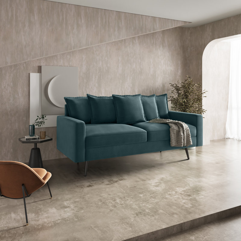70" Velvet Square Arm Sofa, Prussian Blue 100% Polyester, Black