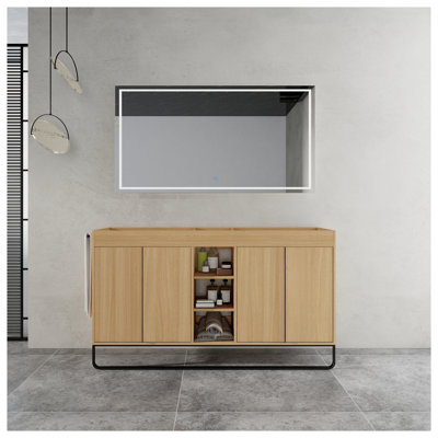 Armoire de salle de bain autoportante 60 po avec 4 portes à fermeture douce, finition chêne