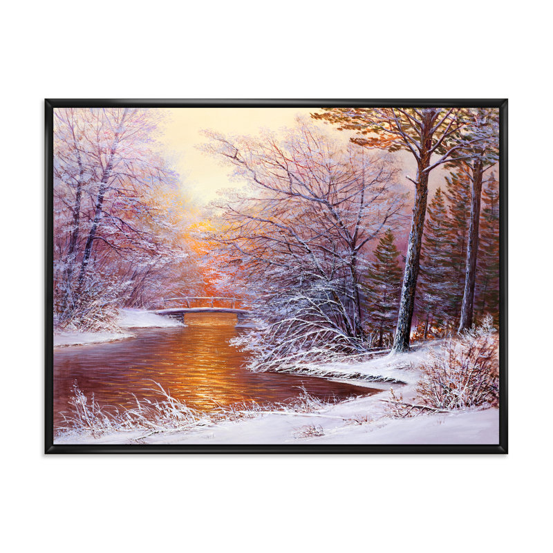 Forêt de Noël avec rivière et arbres II - peinture sur toile, H 12 po x l 20 po x p 1 po, Cadre flottant noir