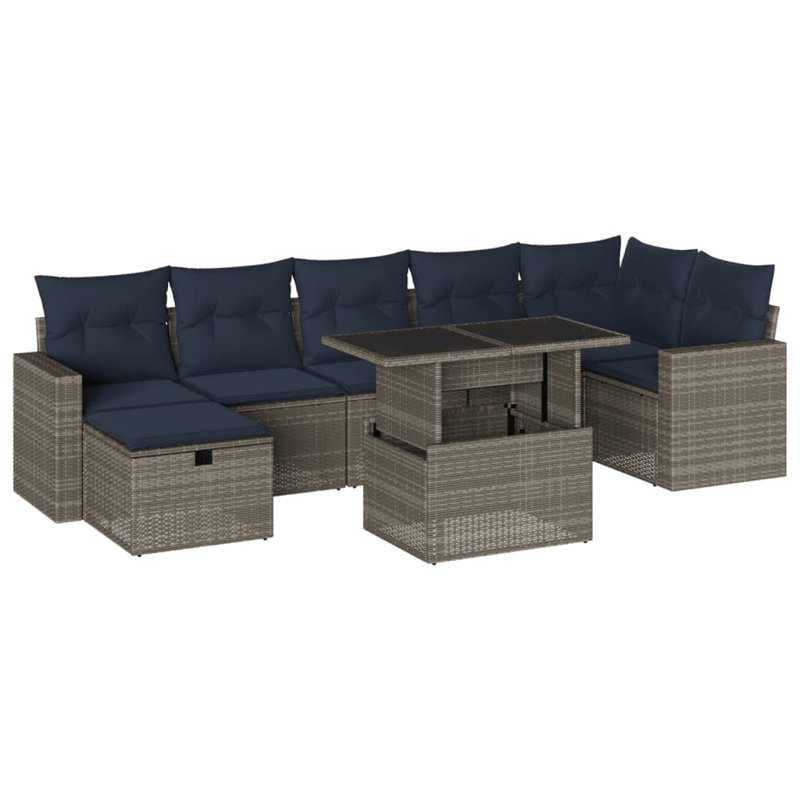 Ensemble de 8 canapés de jardin avec coussins en rotin gris pour l'extérieur, Marine, Gris