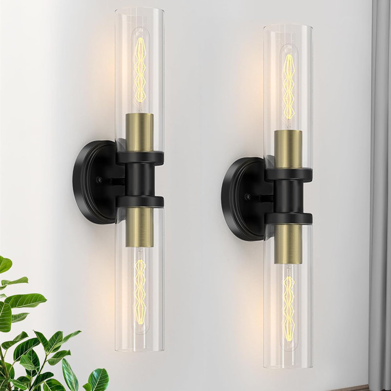 Ensemble de deux appliques murales modernes pour salle de bain 2 lumières avec abat-jour en verre linéaire, éclairage de style industriel pour fini miroir, laiton brossé et finition noir mat