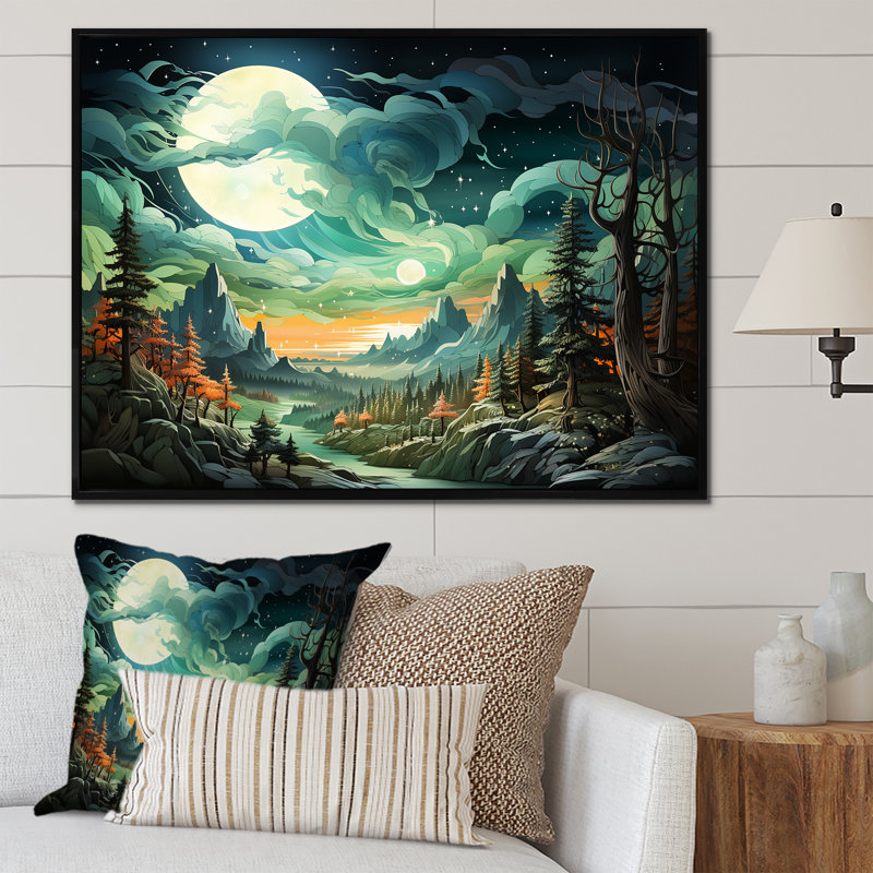 Montagne majestueuse, nuage, forêt I - forêt et rivière, art mural, Cadre flottant noir, H 24 po x l 32 po x P 1 po
