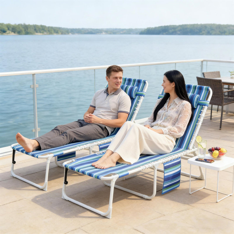 Chaise longue pliante avec trou pour le visage et table d'appoint Gaeden, Bleu / gris clair rayé